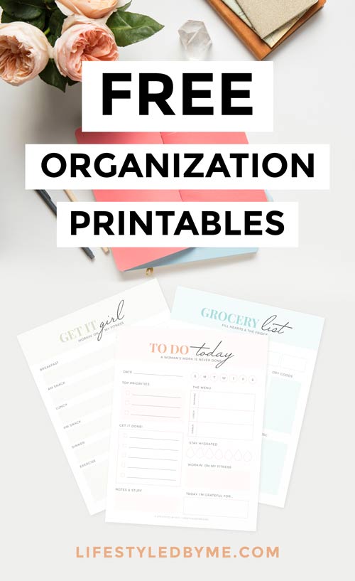 lifestyled by me blog free organization printables bundle. grocery list, fitness tracker, meal prep planner, cleaning schedule